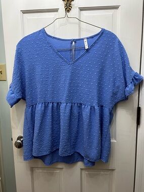mts Blue V-Neck Peplum Dot-Texture Blouse